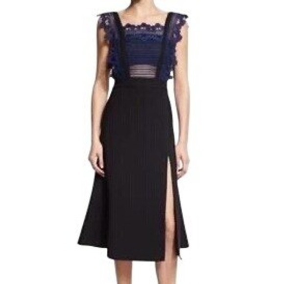 Self-Portrait Angelique Frilled Split Front Dress Women's 4 Black Navy Luxury - Picture 4 of 14